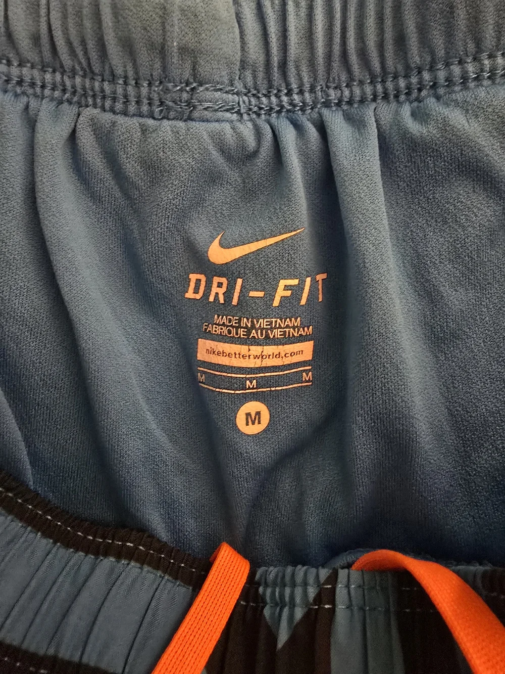 Nike Dri-FIT Blue and Black Athletic Shorts with Orange Drawstring